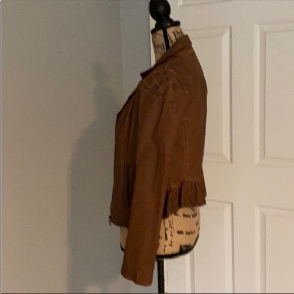 Anthropologie Vegan Leather Ruffle Brown Jacket 4 - Picture 3 of 10